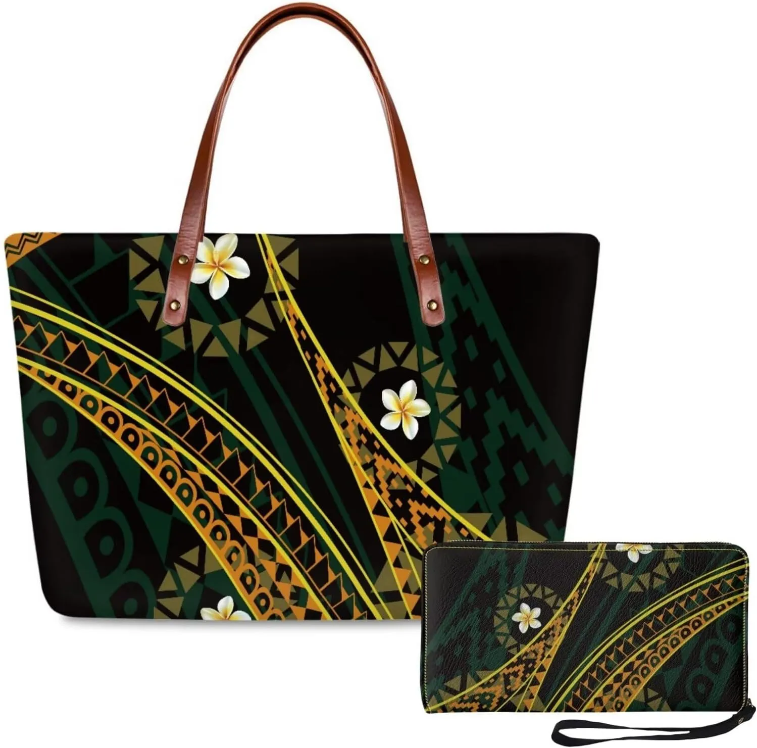 PU Leather Purse Samoan Polynesian Tribal Large Capacity Tote Bag Shoulder Bags Wallet Set 2pcs Shoulder Bags