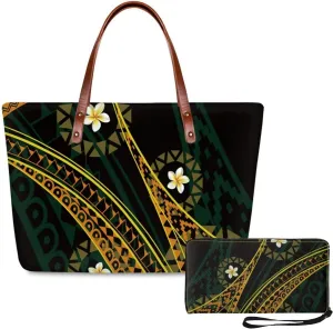 PU Leather Purse Samoan Polynesian Tribal Large Capacity Tote Bag Shoulder Bags Wallet Set 2pcs Shoulder Bags