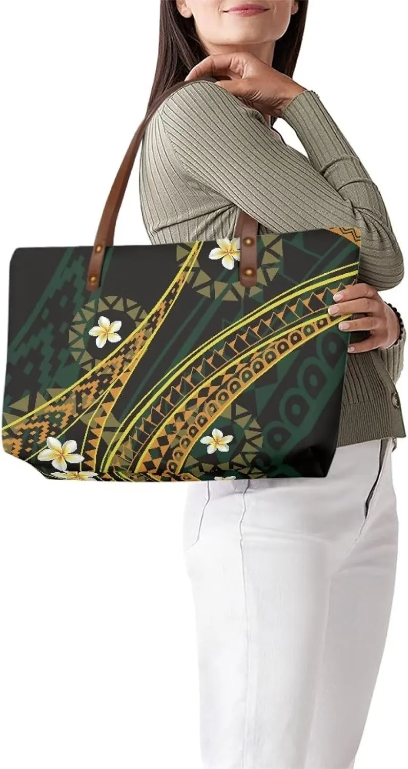 PU Leather Purse Samoan Polynesian Tribal Large Capacity Tote Bag Shoulder Bags Wallet Set 2pcs Shoulder Bags