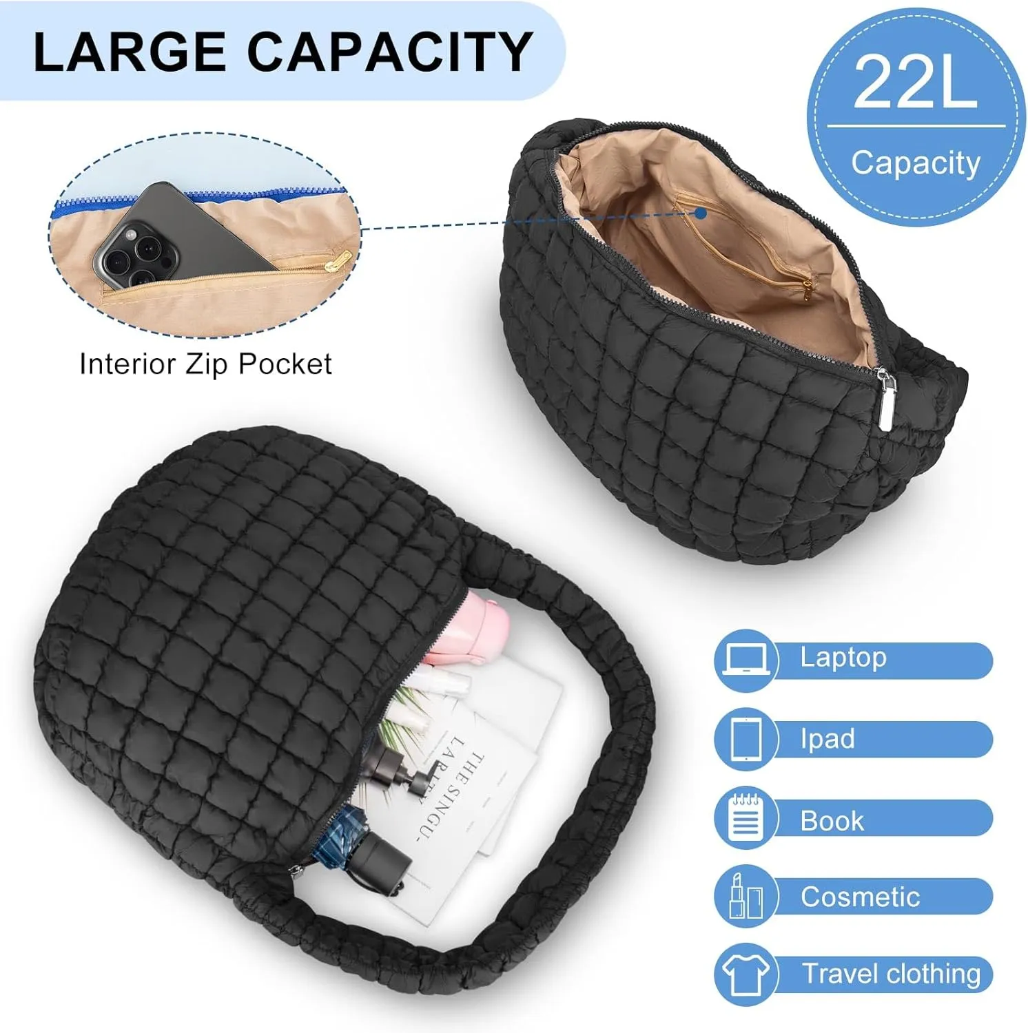Puffer Tote Bag For Women Quilted Crossbody Bag, Lightweight Puffy Purse Large Hobo Puff Shoulder Handbags