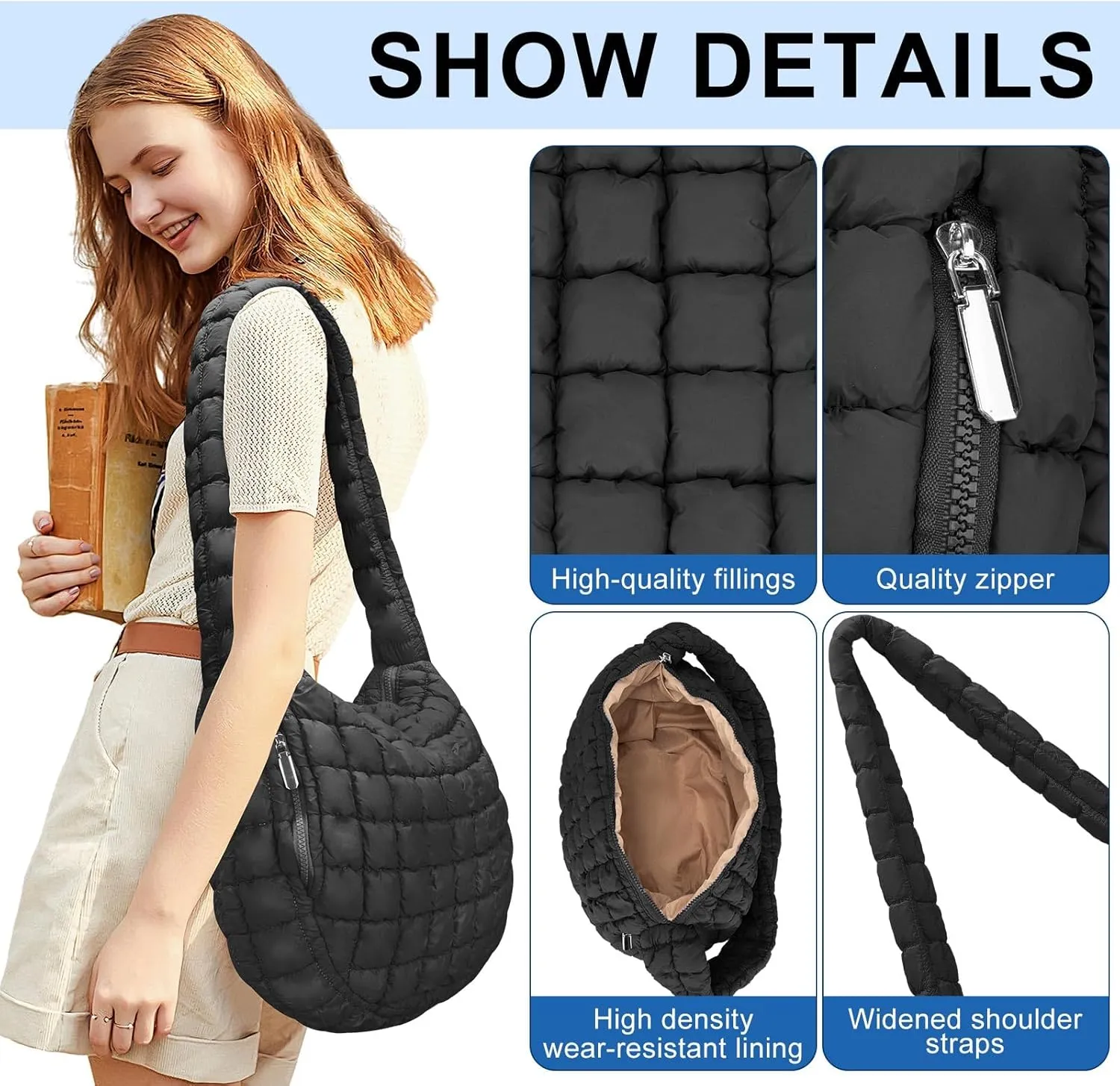 Puffer Tote Bag For Women Quilted Crossbody Bag, Lightweight Puffy Purse Large Hobo Puff Shoulder Handbags