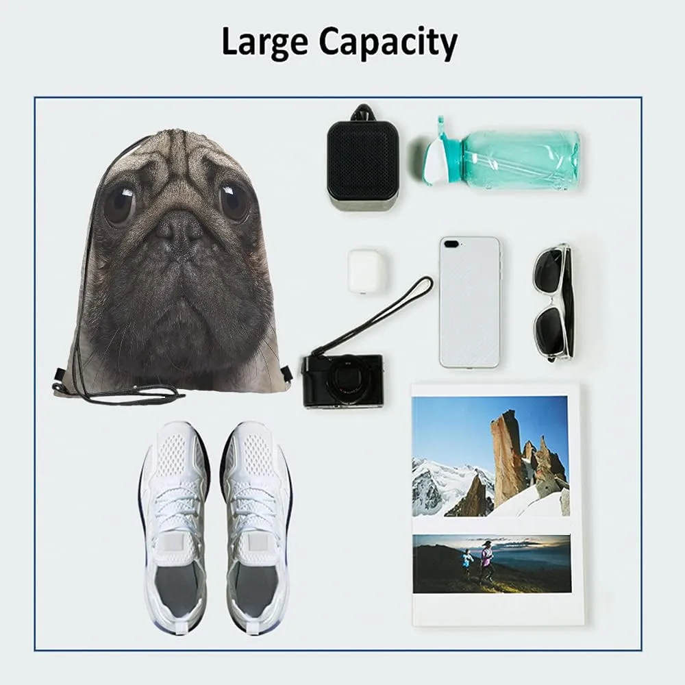 Pug Drawstring Bags - Backpack Bag with Funny Pug Dog Face, Cute Animal Theme for Men & Women