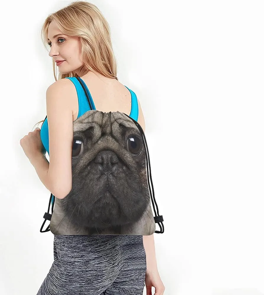 Pug Drawstring Bags - Backpack Bag with Funny Pug Dog Face, Cute Animal Theme for Men & Women
