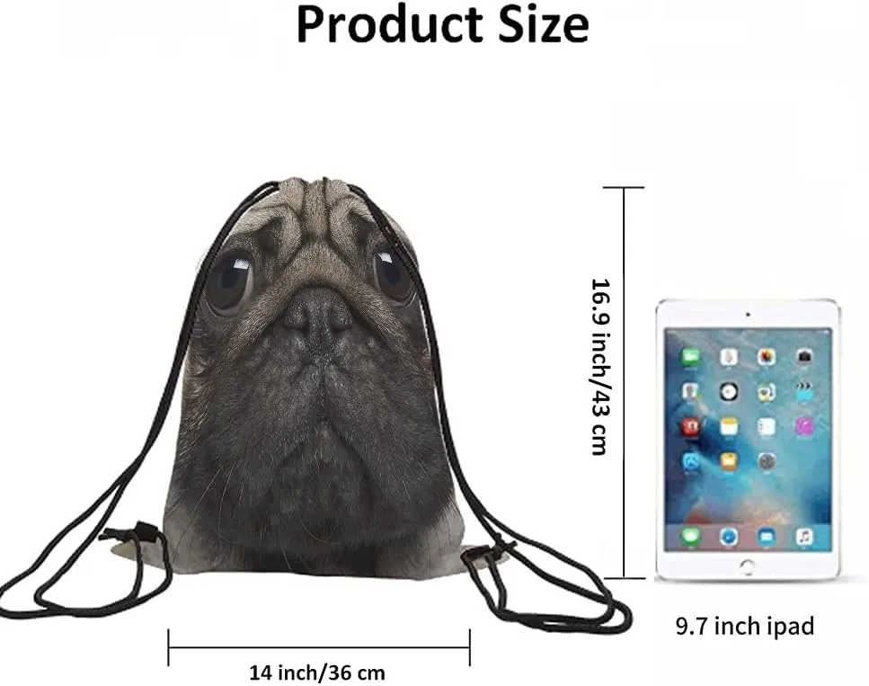Pug Drawstring Bags - Backpack Bag with Funny Pug Dog Face, Cute Animal Theme for Men & Women