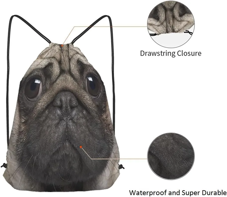Pug Drawstring Bags - Backpack Bag with Funny Pug Dog Face, Cute Animal Theme for Men & Women
