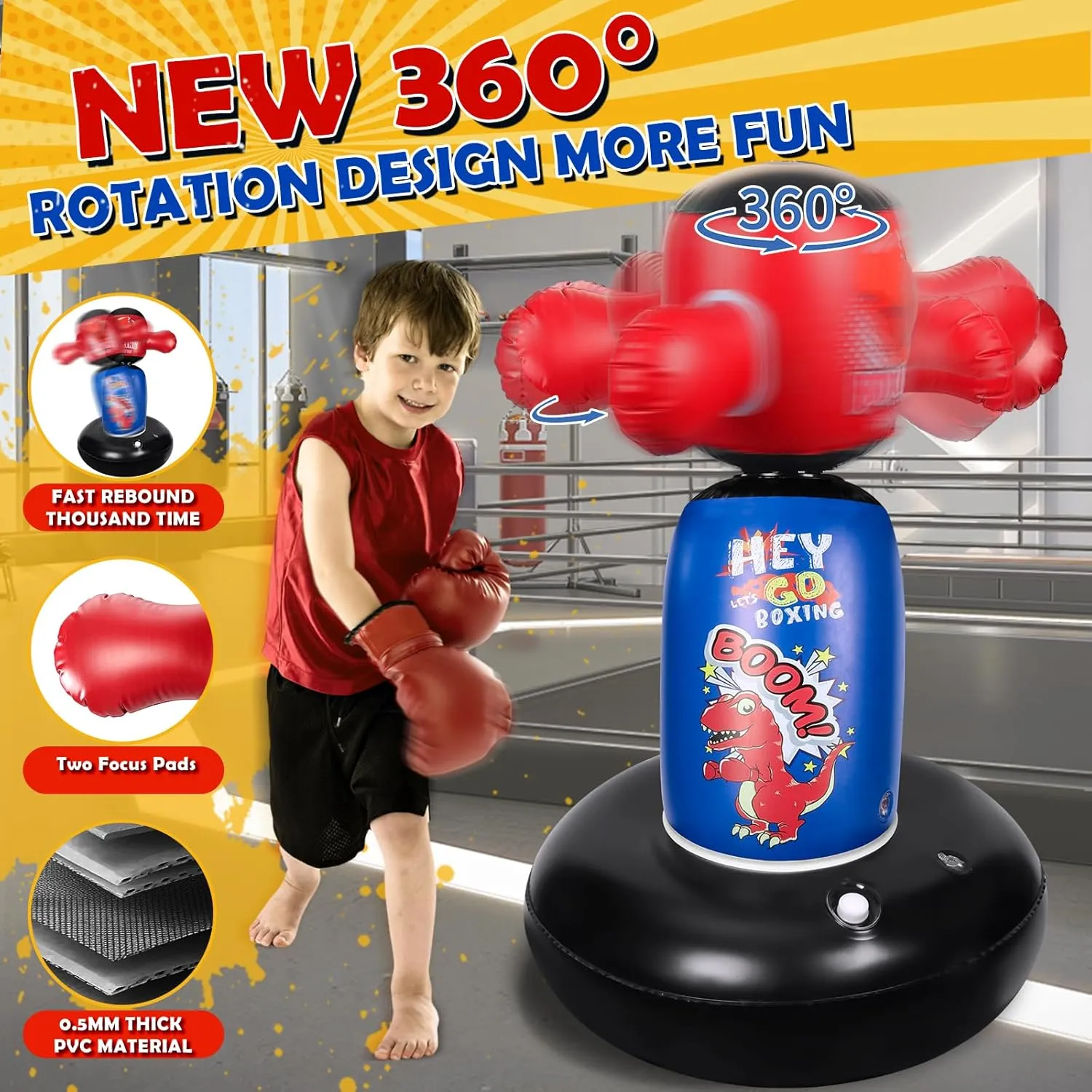 Punching Bag for Kids, Hyperzoo 360°Rotating Inflatable Kids Heavy Punching Bags, Freestanding Heavy Boxing Bag Toy Christmas Birthday Gift for Boys Girls 3-12 Karate, Taekwondo
