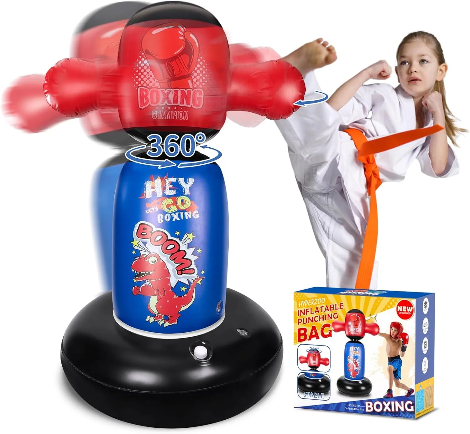 Punching Bag for Kids, Hyperzoo 360°Rotating Inflatable Kids Heavy Punching Bags, Freestanding Heavy Boxing Bag Toy Christmas Birthday Gift for Boys Girls 3-12 Karate, Taekwondo