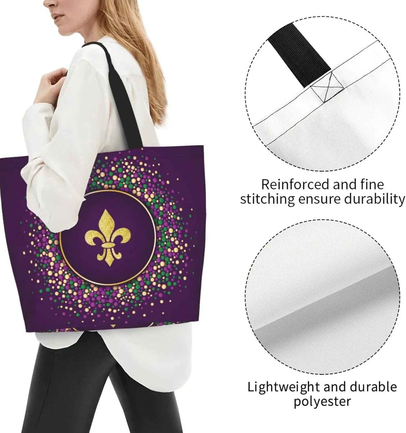 Purple Green Fleur De Lis Tote Bag For Women, Shoulder Bags Big Reusable Grocery Handbag For Travel Gym Picnic