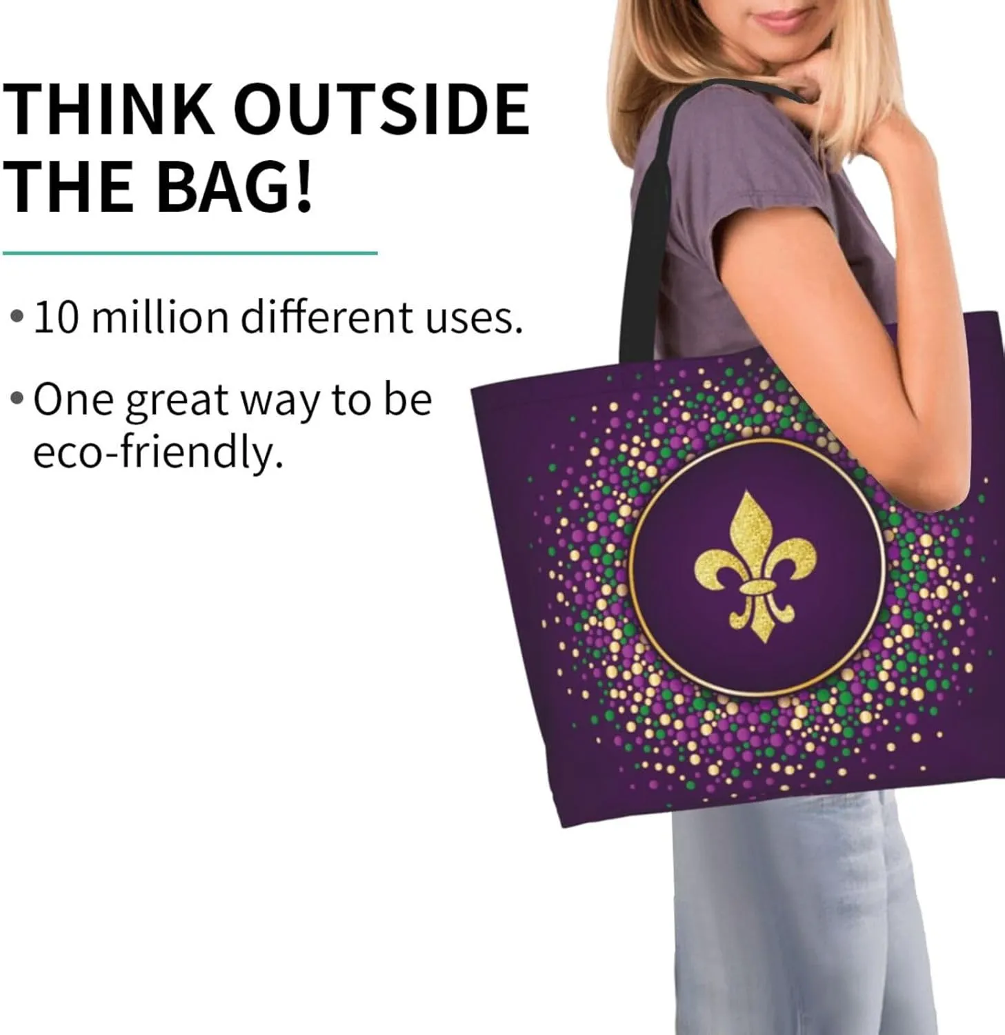 Purple Green Fleur De Lis Tote Bag For Women, Shoulder Bags Big Reusable Grocery Handbag For Travel Gym Picnic