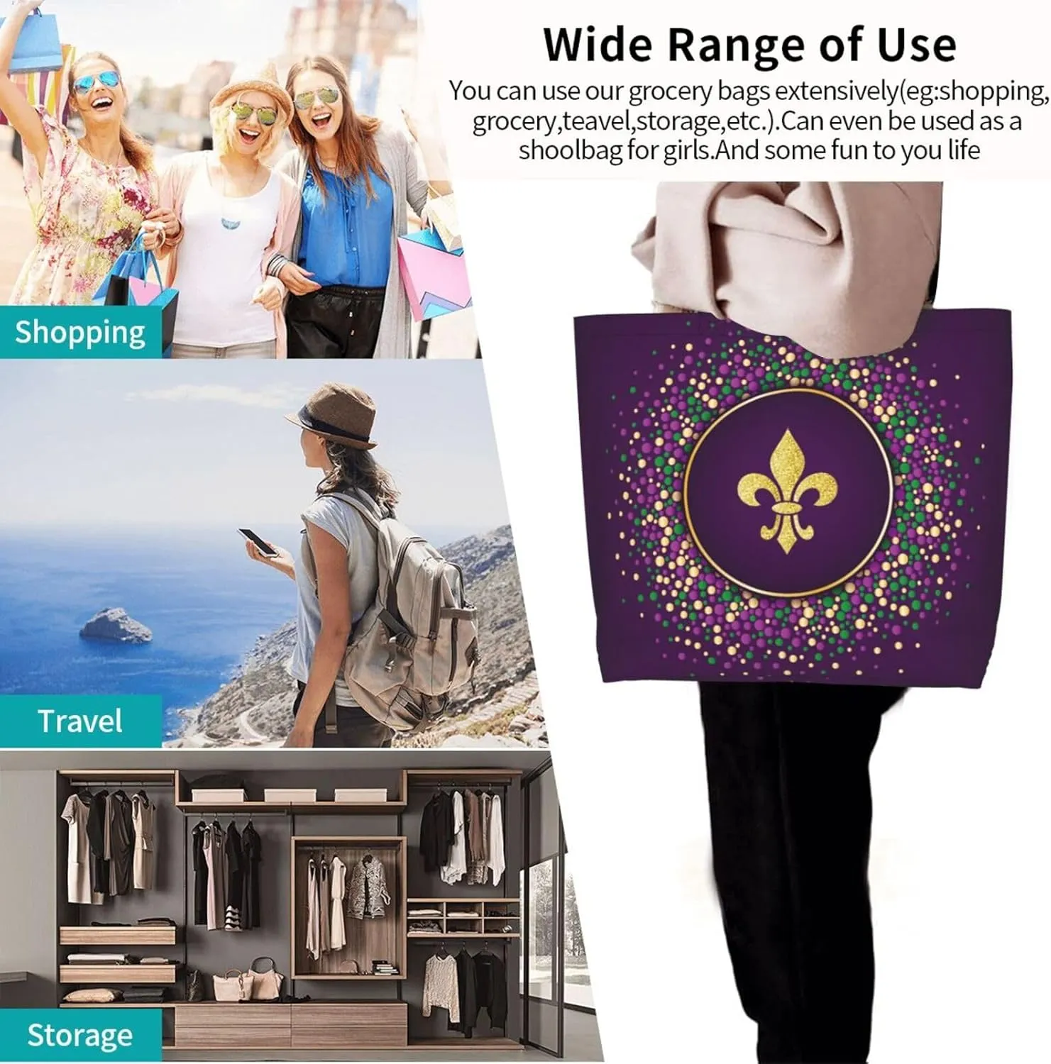 Purple Green Fleur De Lis Tote Bag For Women, Shoulder Bags Big Reusable Grocery Handbag For Travel Gym Picnic