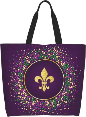 Purple Green Fleur De Lis Tote Bag For Women, Shoulder Bags Big Reusable Grocery Handbag For Travel Gym Picnic