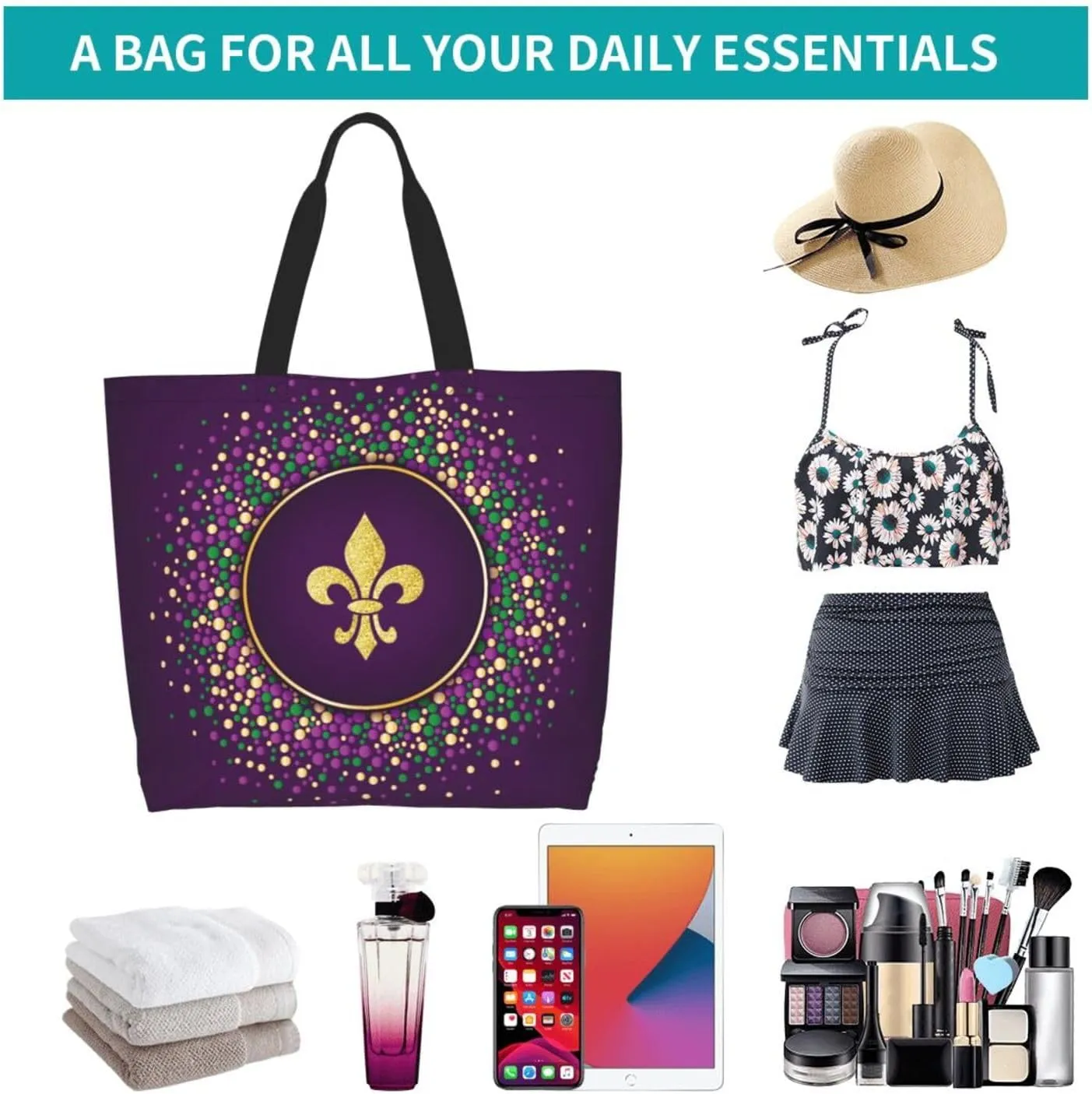 Purple Green Fleur De Lis Tote Bag For Women, Shoulder Bags Big Reusable Grocery Handbag For Travel Gym Picnic