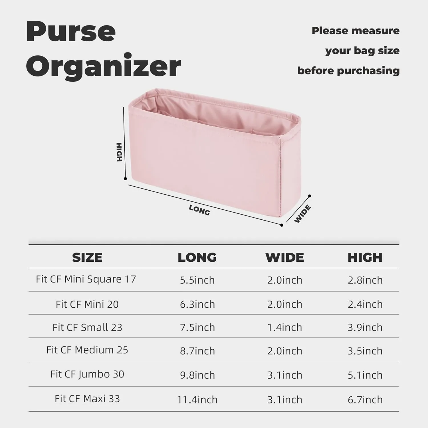 Purse Handbag Silky Organizer Insert Keep Bag Shape Fits Chanel Classic Flap CF Mini Square 17/20/Small/Medium/Jumbo/Maxi Bags, Luxury Handbag Tote Lightweight Sturdy(CF Mini 20,Pink)