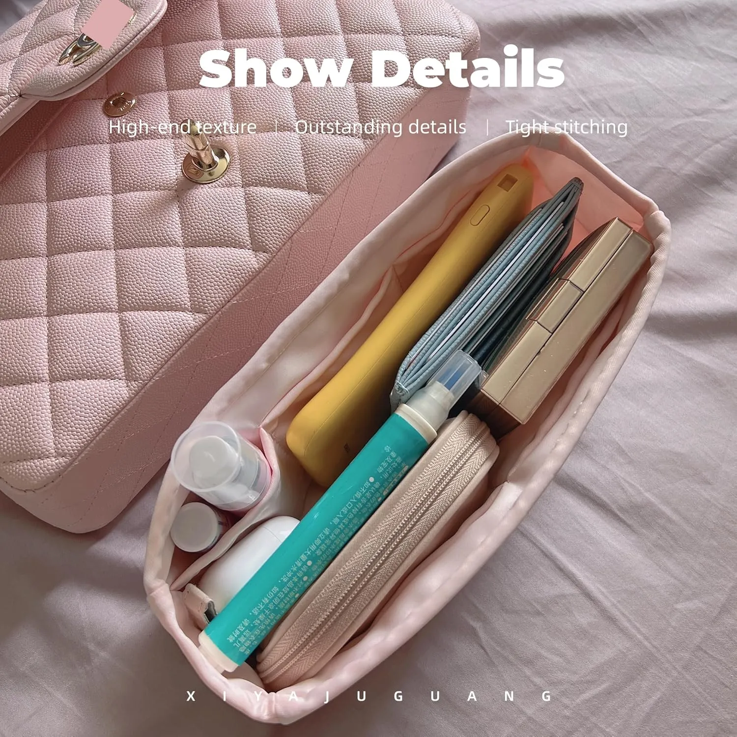 Purse Handbag Silky Organizer Insert Keep Bag Shape Fits Chanel Classic Flap CF Mini Square 17/20/Small/Medium/Jumbo/Maxi Bags, Luxury Handbag Tote Lightweight Sturdy(CF Mini 20,Pink)