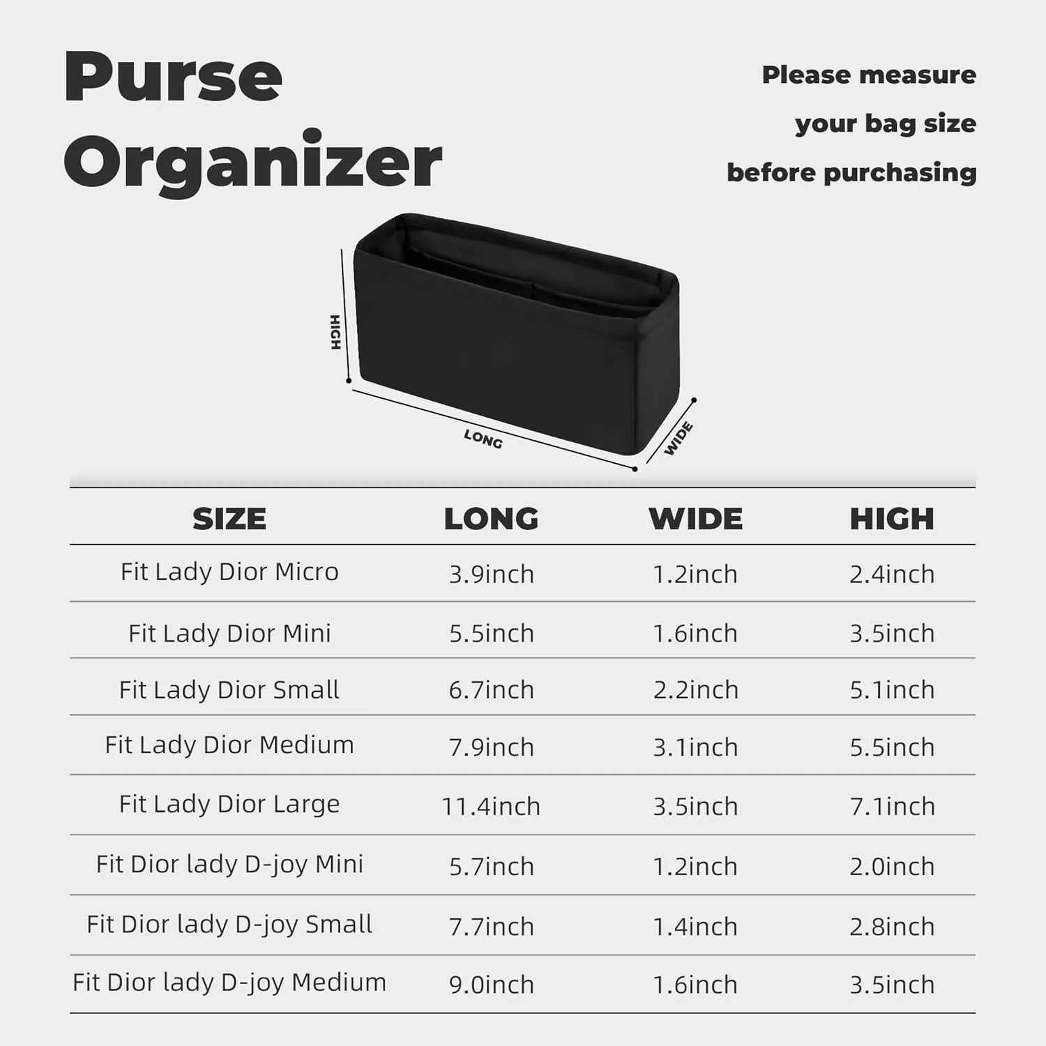 Purse Handbag Silky Organizer Insert Keep Bag Shape Fits DiorLady/Lady D-joy bags, Luxury Handbag Tote Lightweight Sturdy(DiorLady Small,Black)