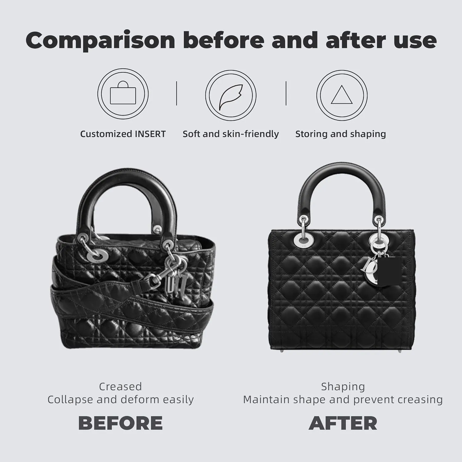 Purse Handbag Silky Organizer Insert Keep Bag Shape Fits DiorLady/Lady D-joy bags, Luxury Handbag Tote Lightweight Sturdy(DiorLady Small,Black)