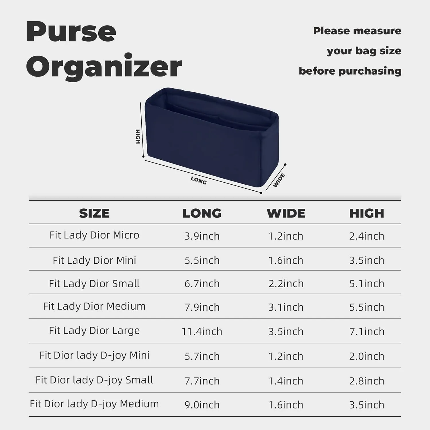 Purse Handbag Silky Organizer Insert Keep Bag Shape Fits DiorLady/Lady D-joy bags, Luxury Handbag Tote Lightweight Sturdy(DiorLady Small,Blue nuit)