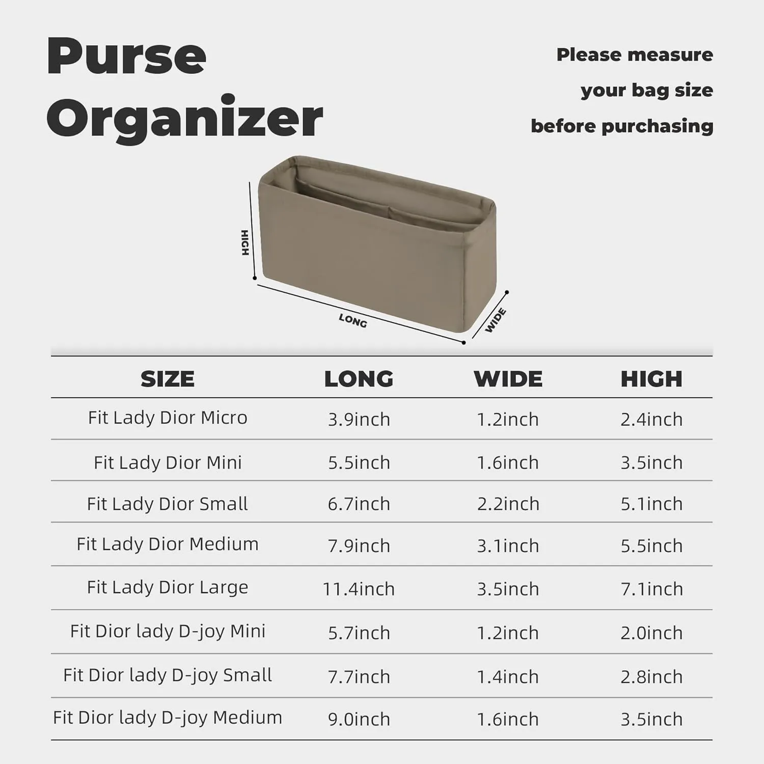 Purse Handbag Silky Organizer Insert Keep Bag Shape Fits DiorLady/Lady D-joy bags, Luxury Handbag Tote Lightweight Sturdy(DiorLady Small,Cris tourterelle)