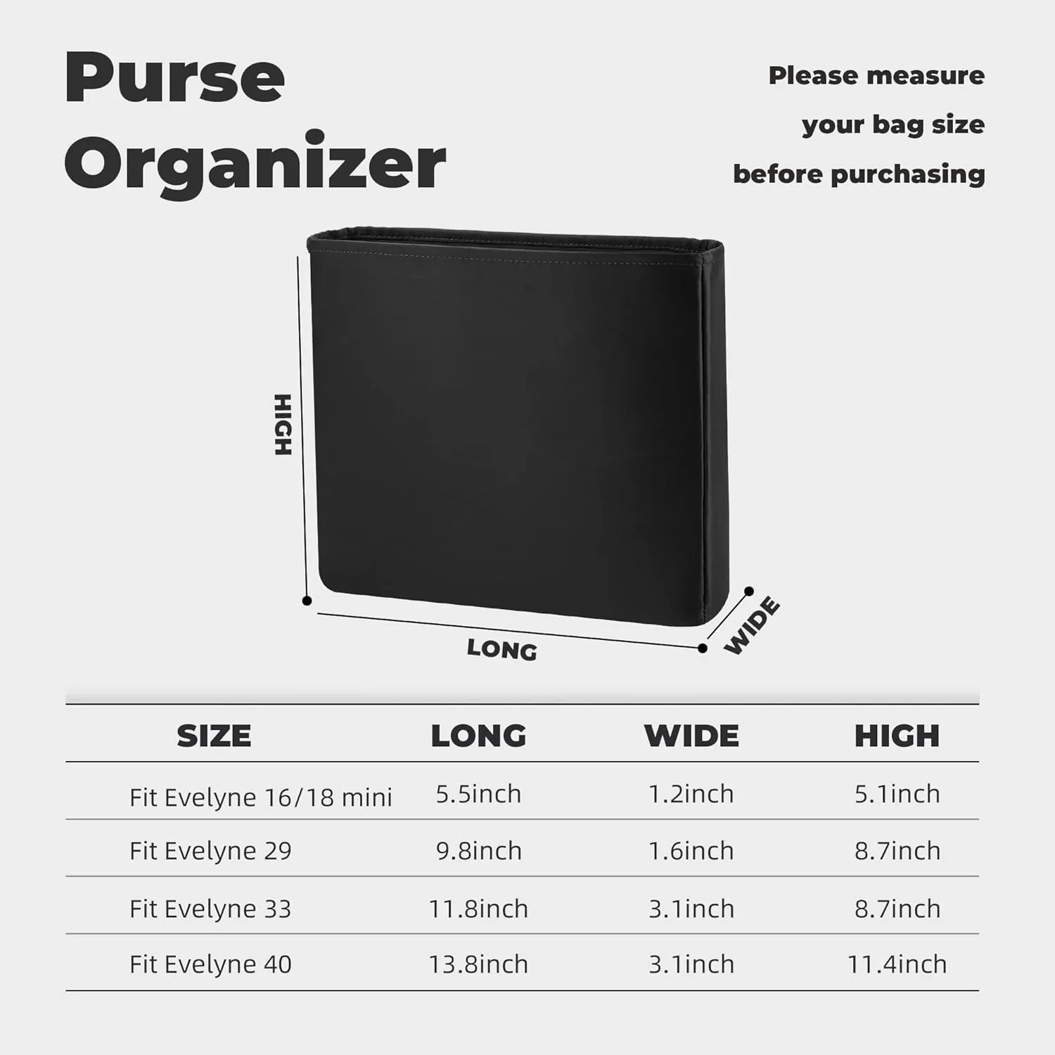 Purse Handbag Silky Organizer Insert Keep Bag Shape Fits Herme Evelyne Mini/29/33/40 bags, Luxury Handbag Tote Lightweight Sturdy(Evelyne 29,Black)
