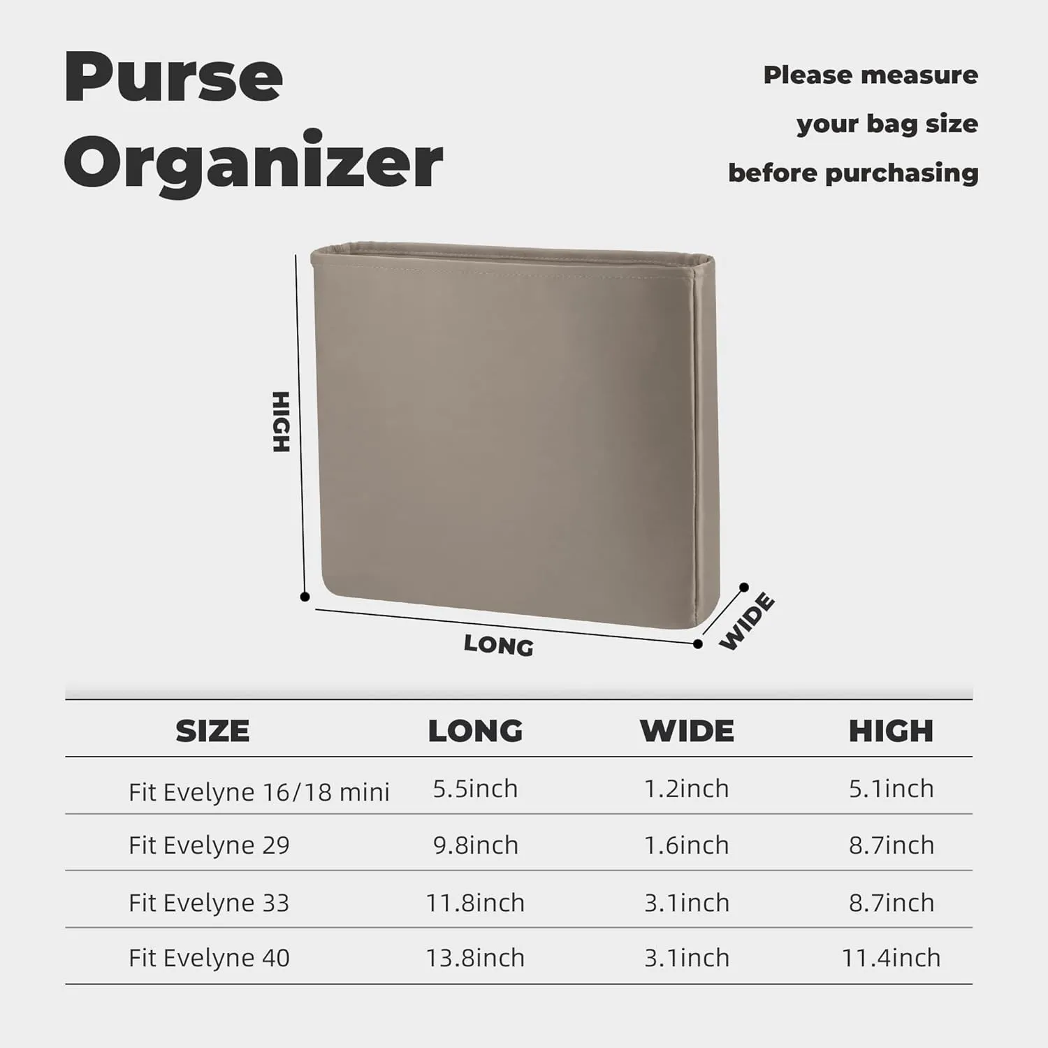 Purse Handbag Silky Organizer Insert Keep Bag Shape Fits Herme Evelyne Mini/29/33/40 bags, Luxury Handbag Tote Lightweight Sturdy(Evelyne 29,Cris tourterelle)