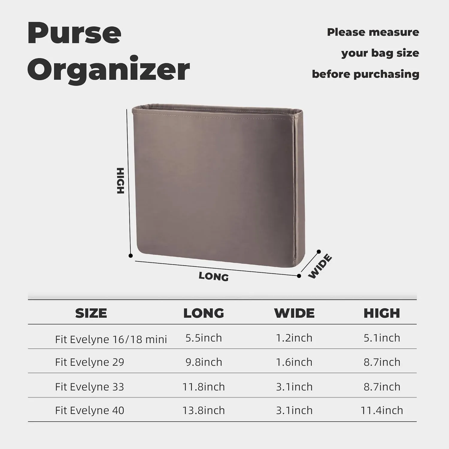 Purse Handbag Silky Organizer Insert Keep Bag Shape Fits Herme Evelyne Mini/29/33/40 bags, Luxury Handbag Tote Lightweight Sturdy(Evelyne mini,Etoupe grey)