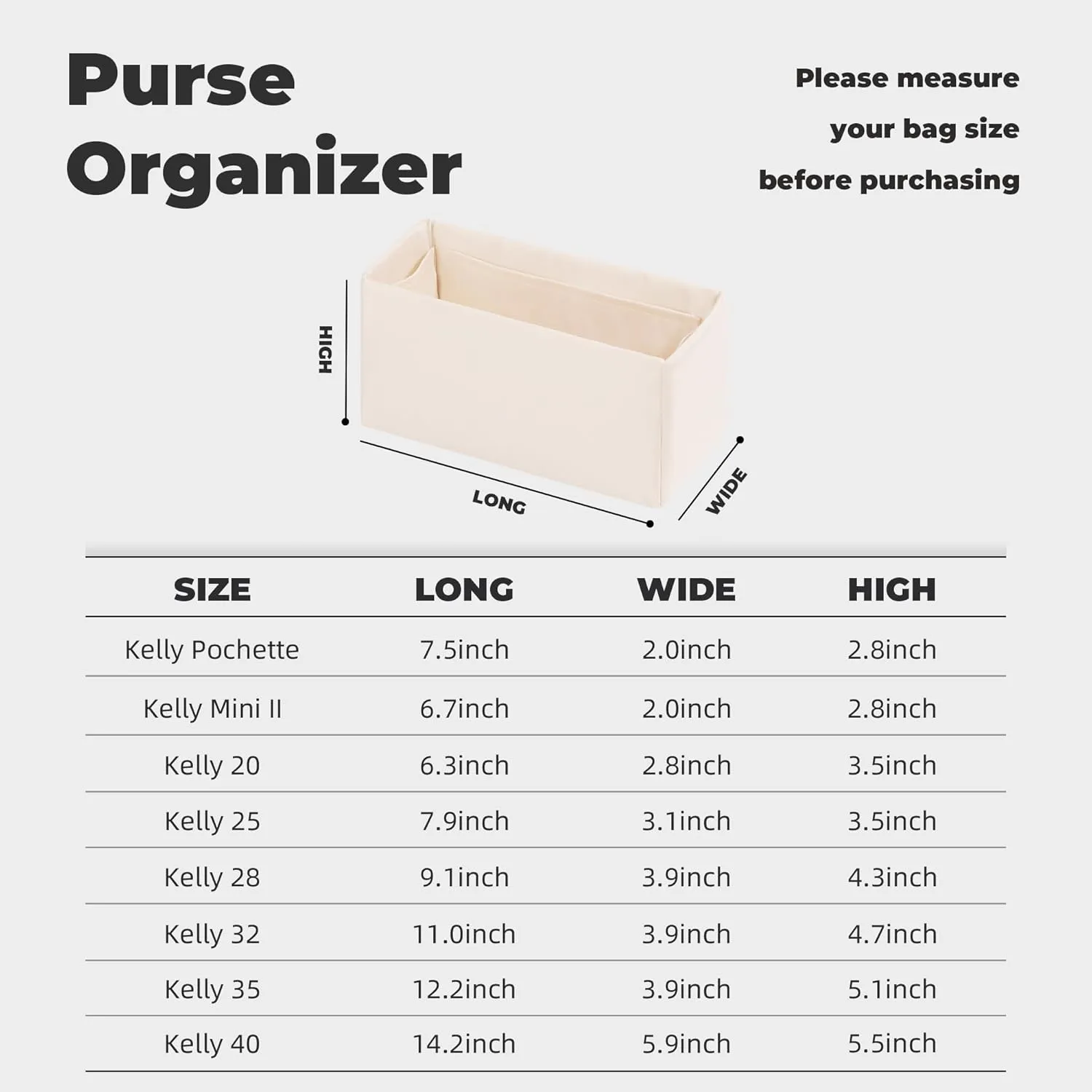 Purse Handbag Silky Organizer Insert Keep Bag Shape Fits Herme Kelly Pochette/Mini/20/25/32/35/40 bags, Luxury Handbag Tote Lightweight Sturdy(Kelly 28,Craie)