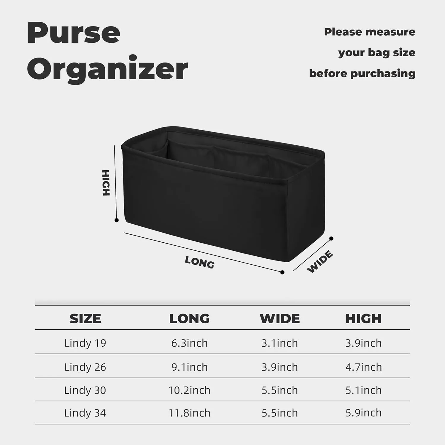 Purse Handbag Silky Organizer Insert Keep Bag Shape Fits Herme Lindy 19/26/30/34 bags, Luxury Handbag Tote Lightweight Sturdy(Black,LD 19)