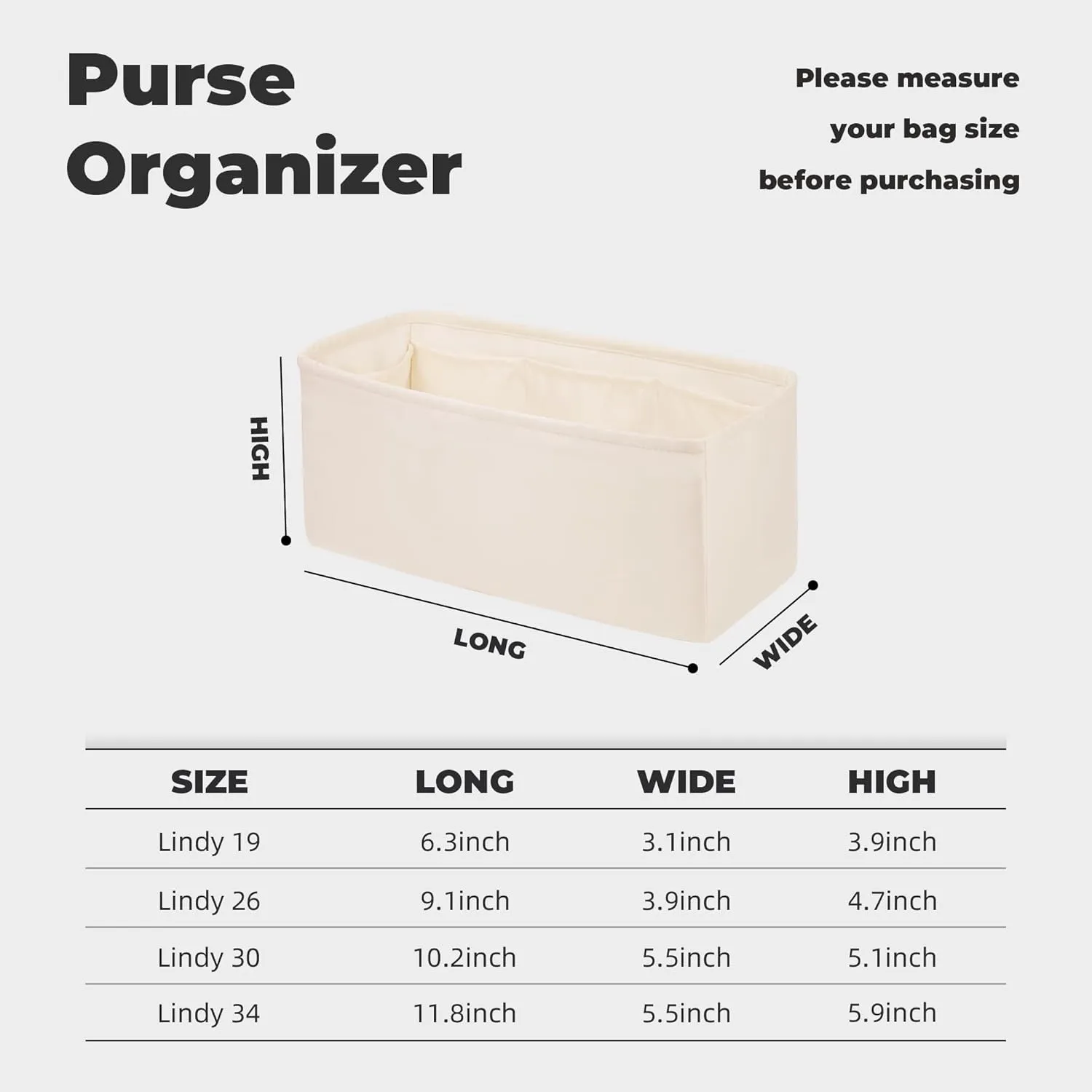 Purse Handbag Silky Organizer Insert Keep Bag Shape Fits Herme Lindy 19/26/30/34 bags, Luxury Handbag Tote Lightweight Sturdy(Craie,LD 19)