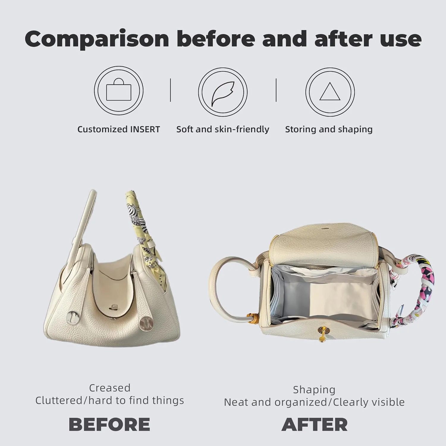 Purse Handbag Silky Organizer Insert Keep Bag Shape Fits Herme Lindy 19/26/30/34 bags, Luxury Handbag Tote Lightweight Sturdy(Craie,LD 19)