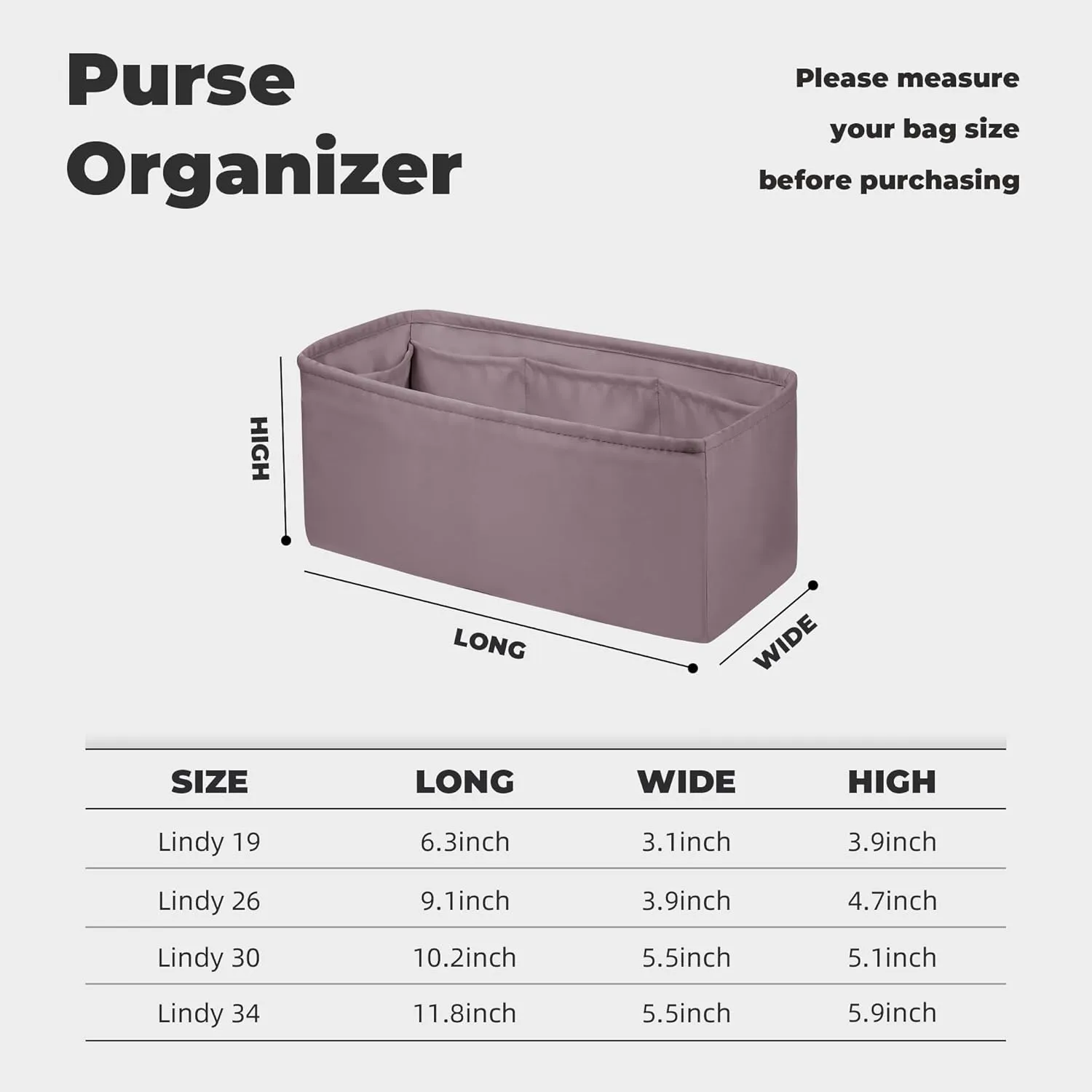 Purse Handbag Silky Organizer Insert Keep Bag Shape Fits Herme Lindy 19/26/30/34 bags, Luxury Handbag Tote Lightweight Sturdy(Konjac Purple,LD 19)