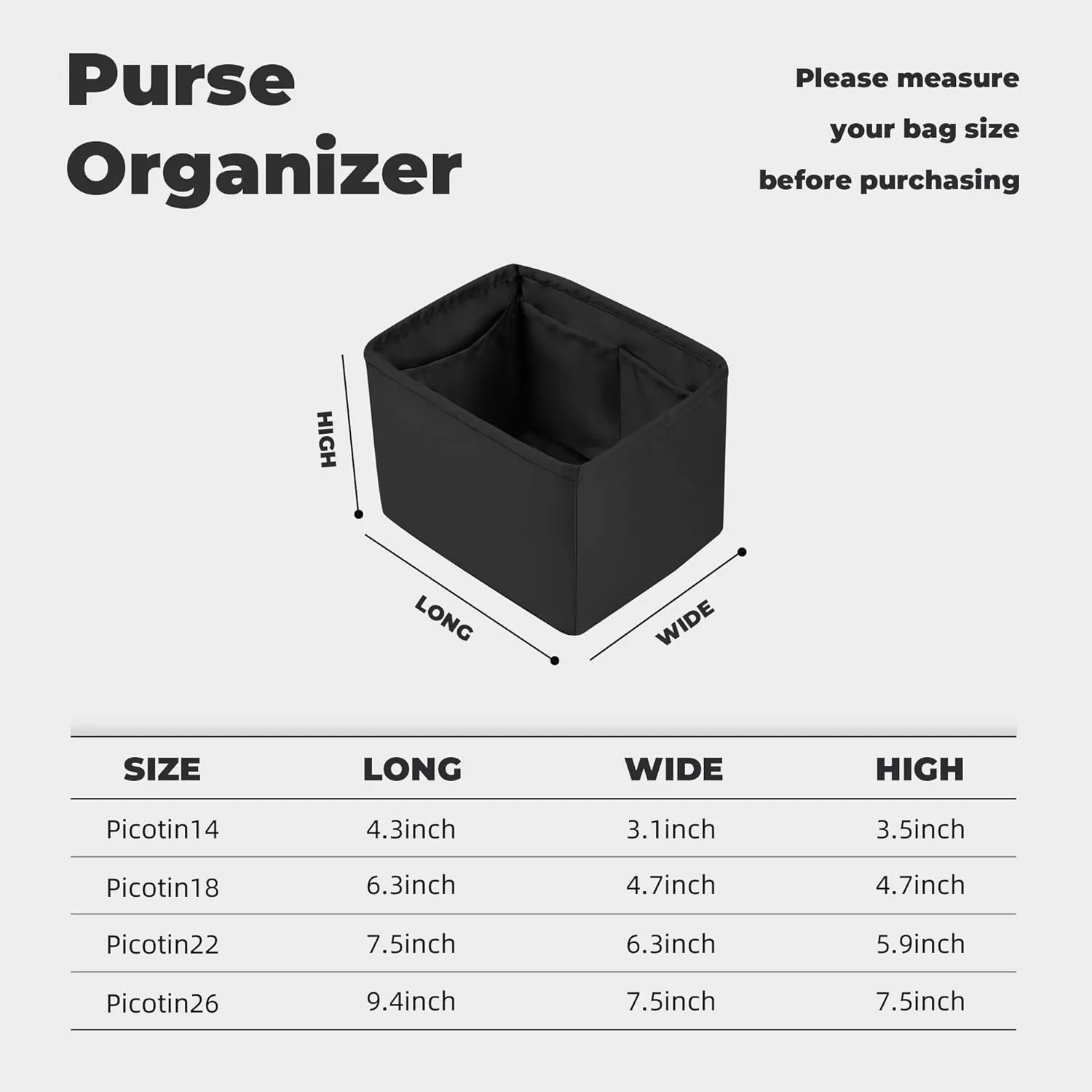 Purse Handbag Silky Organizer Insert Keep Bag Shape Fits Herme Picotin 14/18/22/26 bags, Luxury Handbag Tote