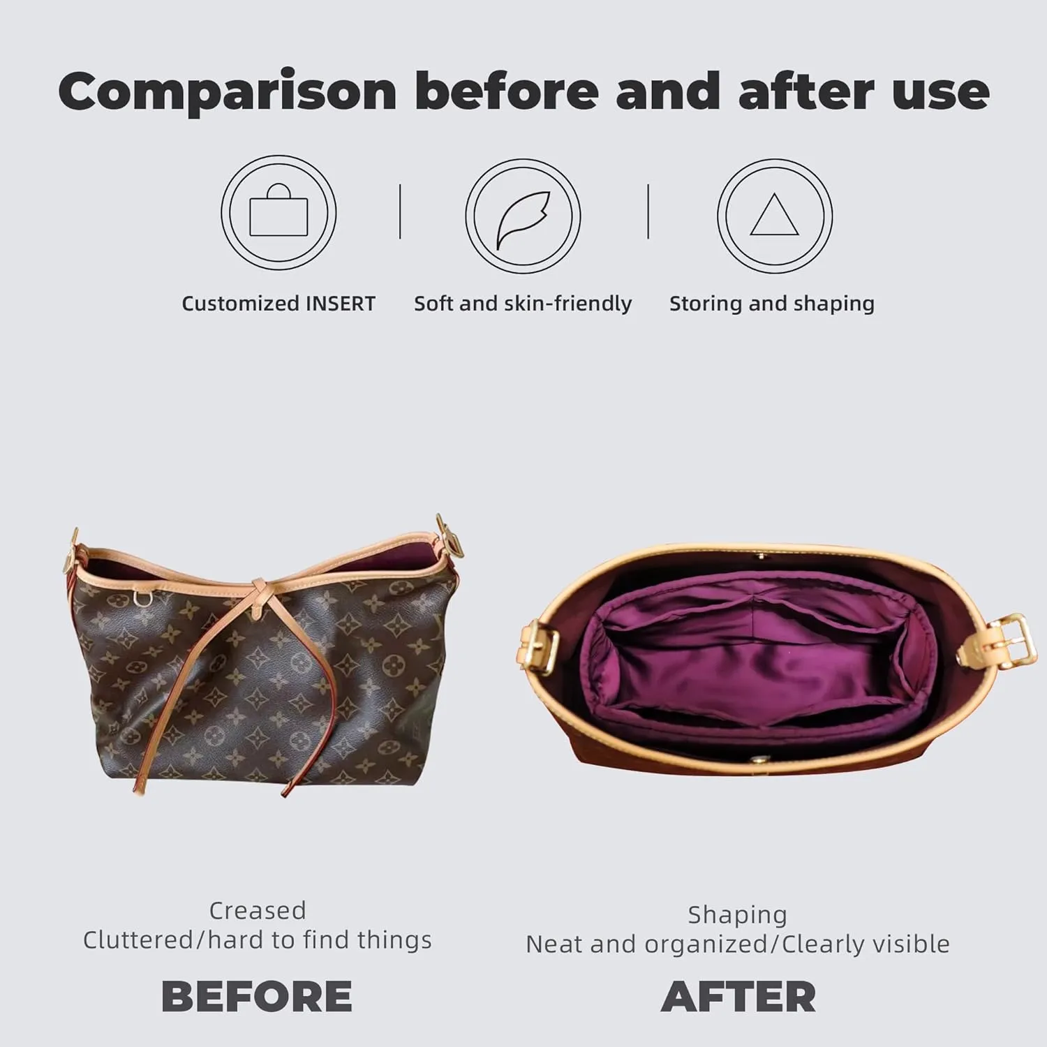 Purse Handbag Silky Organizer Insert Keep Bag Shape Fits LV Caryyall PM/MM bags, Luxury Handbag Tote Lightweight Sturdy(Carryall MM,Rouge moyen)