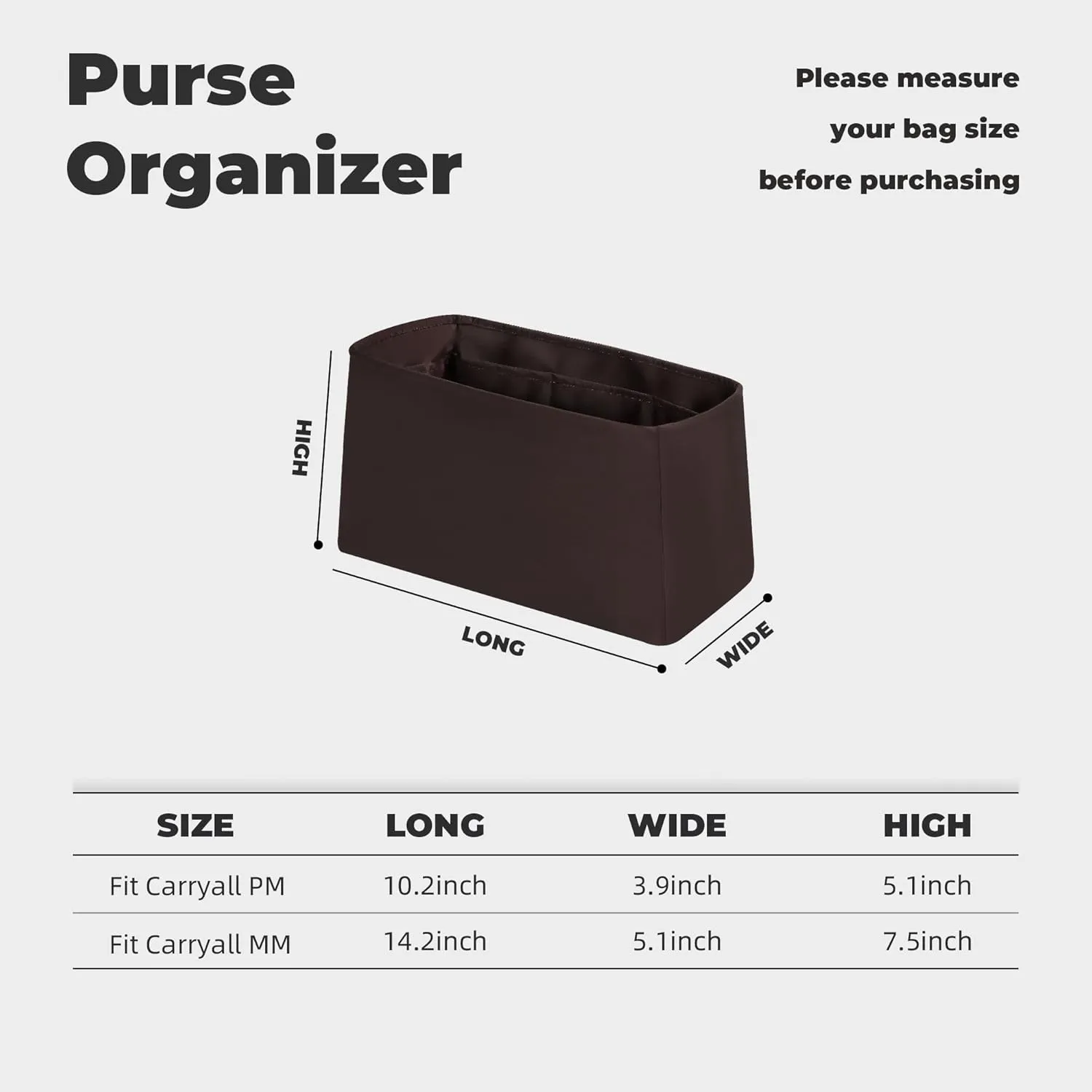 Purse Handbag Silky Organizer Insert Keep Bag Shape Fits LV Caryyall PM/MM bags, Luxury Handbag Tote Lightweight Sturdy(Carryall PM,Coffee Brown)