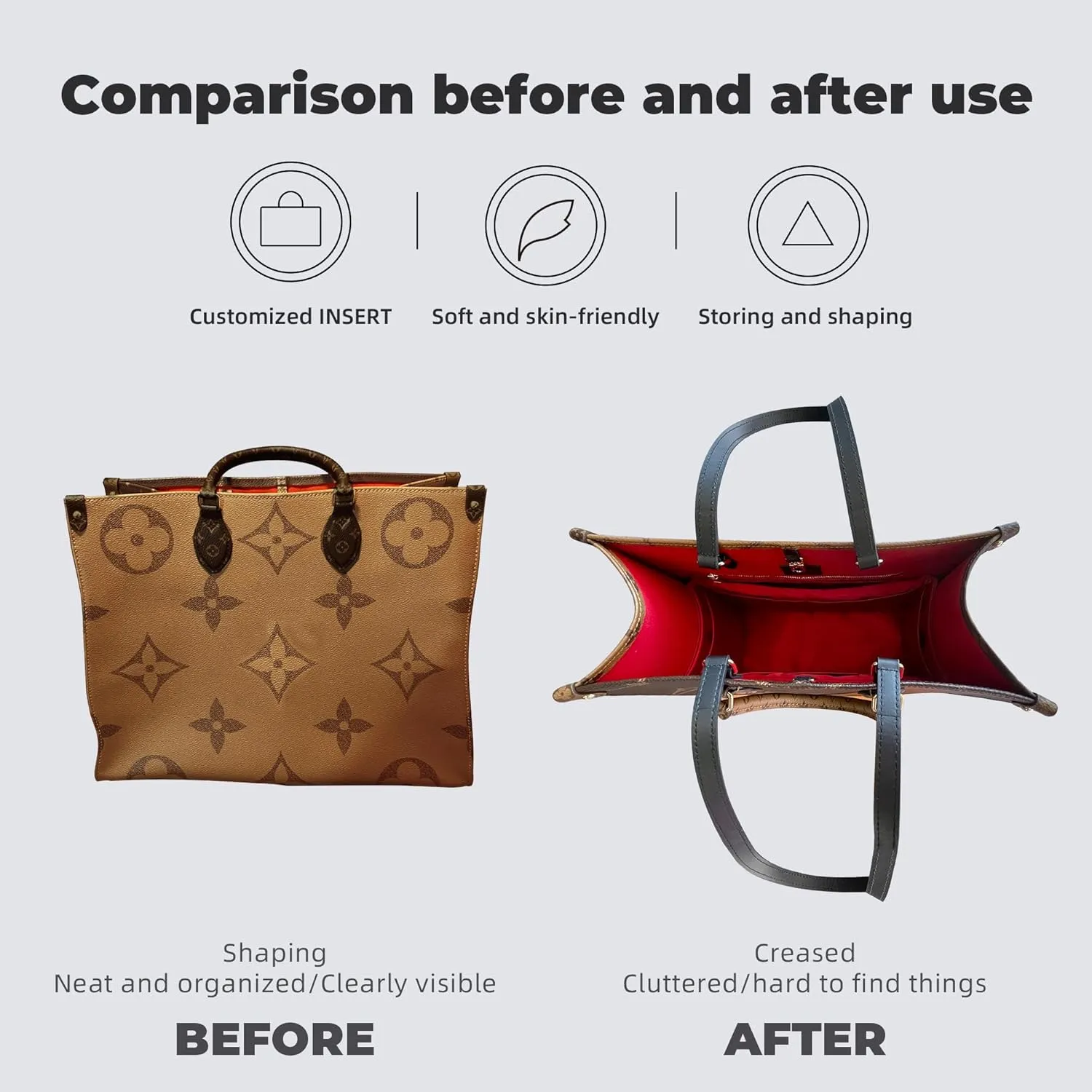 Purse Handbag Silky Organizer Insert Keep Bag Shape Fits LV Onthego PM/MM/GM bags, Luxury Handbag Tote Lightweight Sturdy(Rouge moyen, Onthego MM)