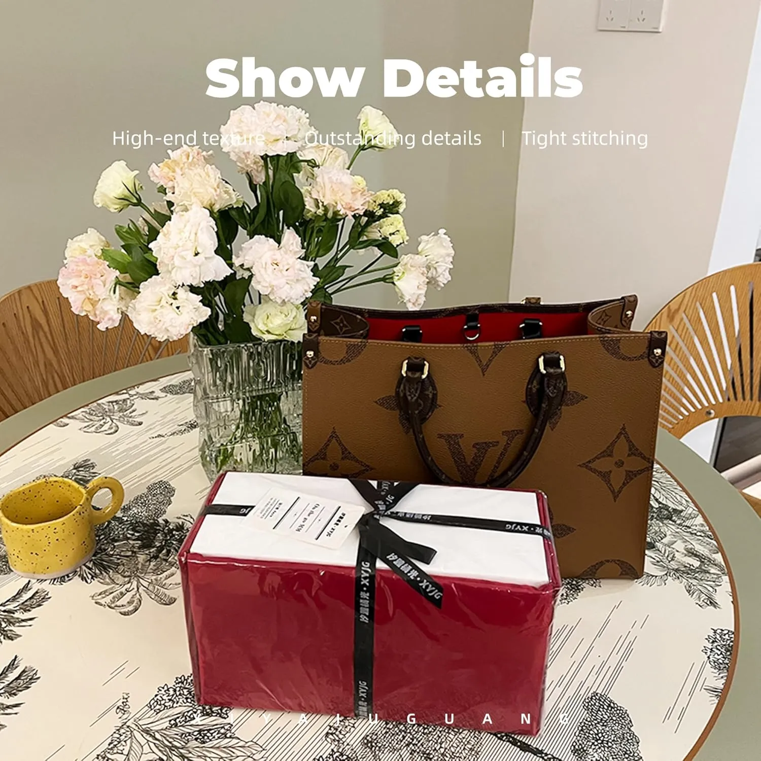 Purse Handbag Silky Organizer Insert Keep Bag Shape Fits LV Onthego PM/MM/GM bags, Luxury Handbag Tote Lightweight Sturdy(Rouge moyen, Onthego MM)