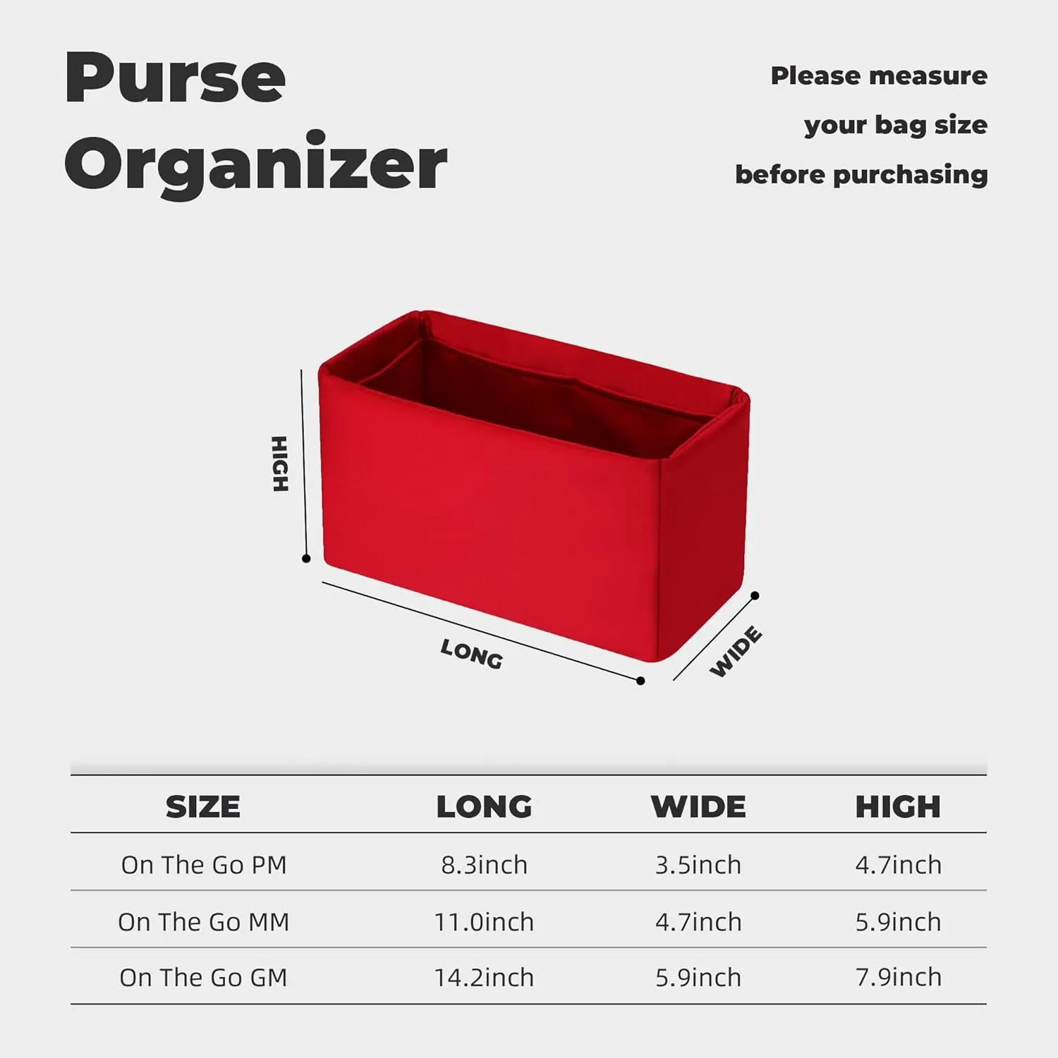 Purse Handbag Silky Organizer Insert Keep Bag Shape Fits LV Onthego PM/MM/GM bags, Luxury Handbag Tote Lightweight Sturdy(Rouge moyen, Onthego MM)