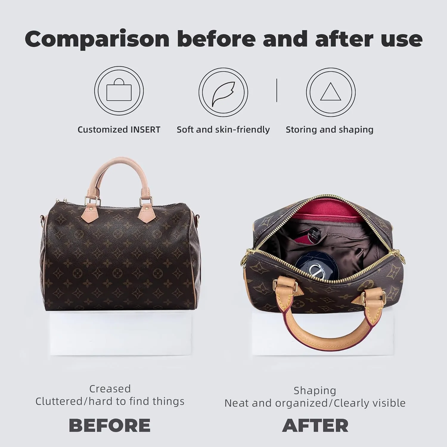 Purse Handbag Silky Organizer Insert Keep Bag Shape Fits LV Speedy 16/20/25/30/35/45 bags, Luxury Handbag Tote Lightweight Sturdy(Etoupe grey, Speedy 25)