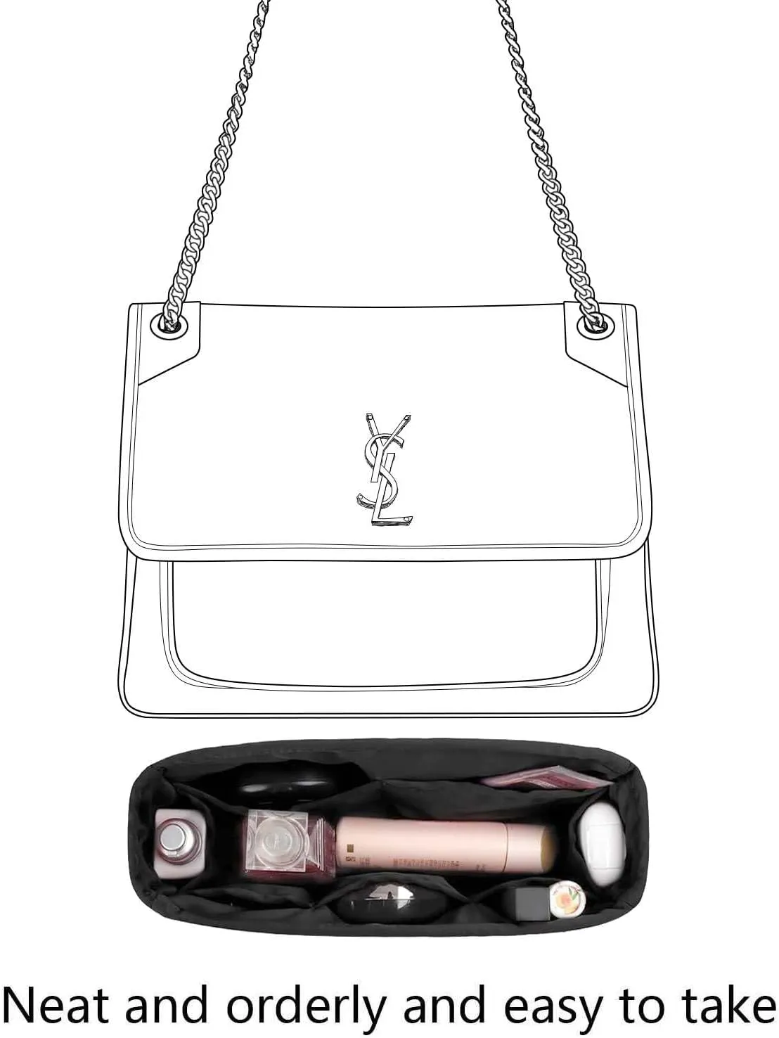 Purse Organizer Insert for YSL Niki Large Bags,Black,Luxury Bags Storage with Silk, Lightweight Shaper for Daily Use, Pockets Large Capacity.