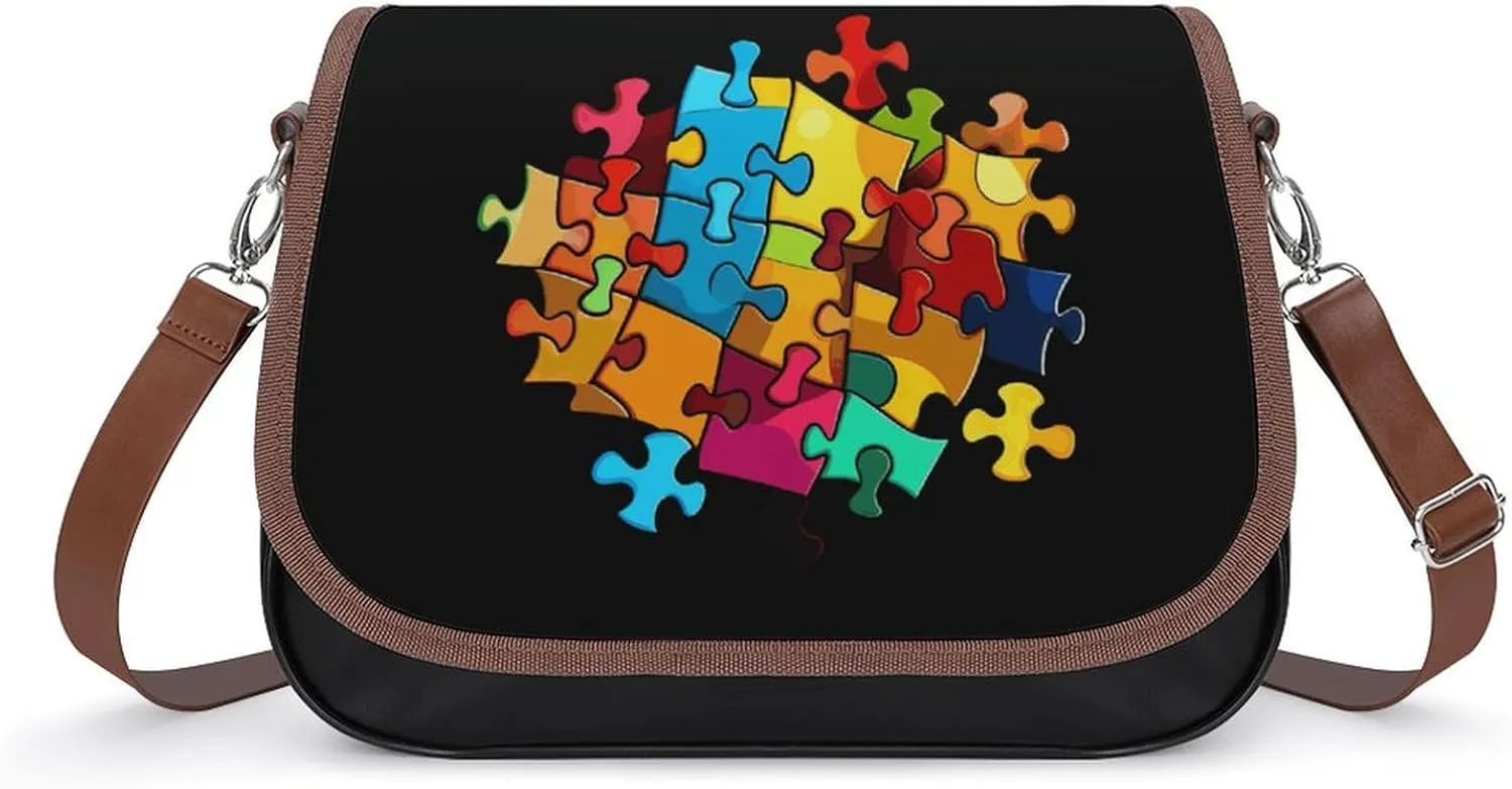 Puzzle Cartoon Women's Crossbody Bag PU Leather Satchel Shoulder Purses Messenger Bag