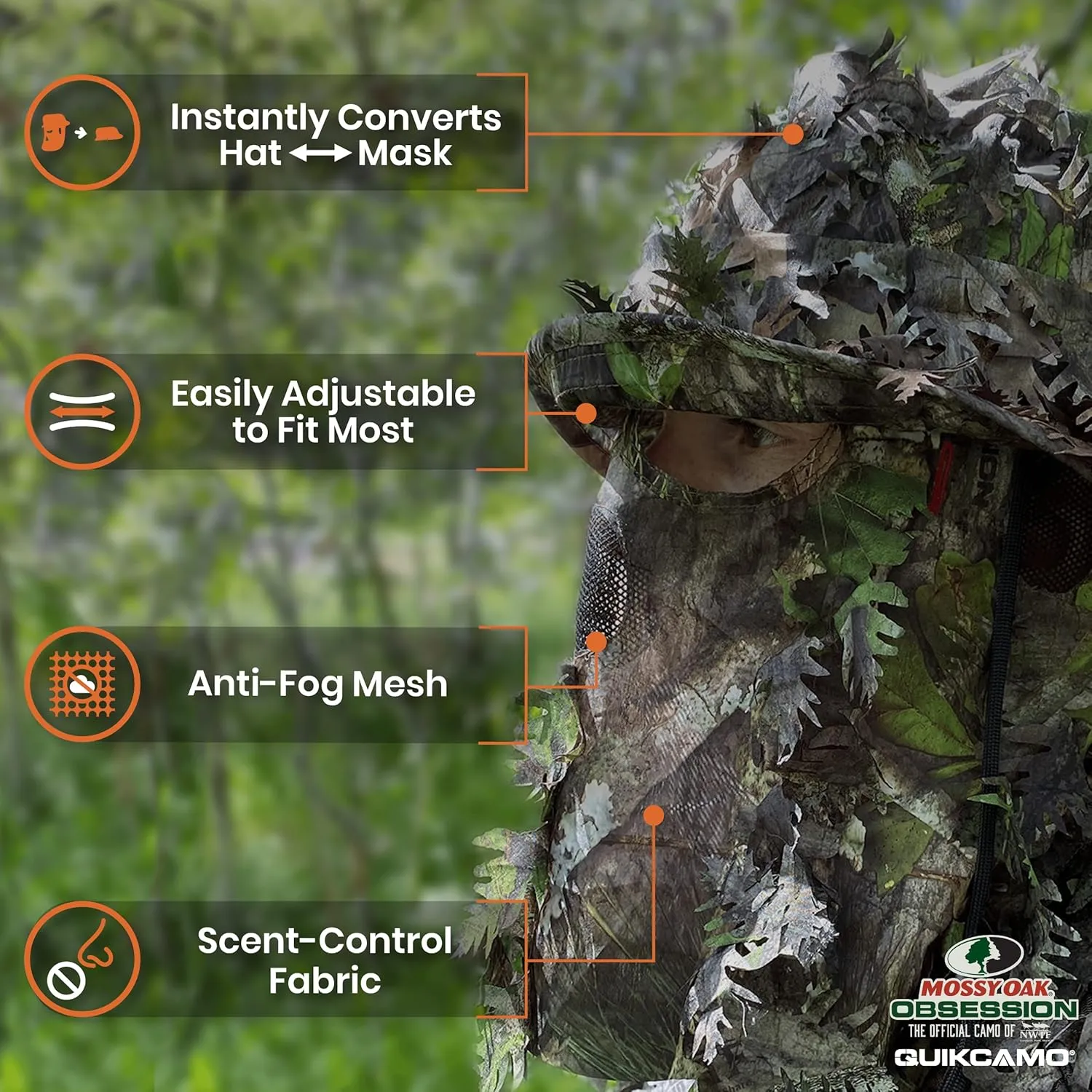QuikCamo Realtree & Mossy Oak 3D Leafy Camo Face Mask Bucket Hat for Men Deer Duck and Turkey Hunting (Fully Adjustable OSFM)