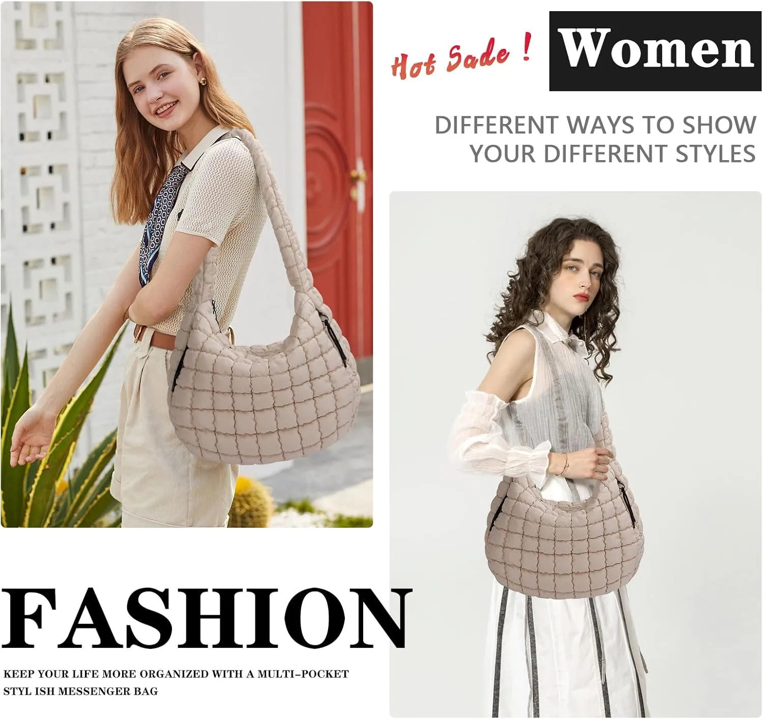 Quilted Tote Bag, Large Carryall Shoulder Hobo Bag, Lightweight Puffer Design