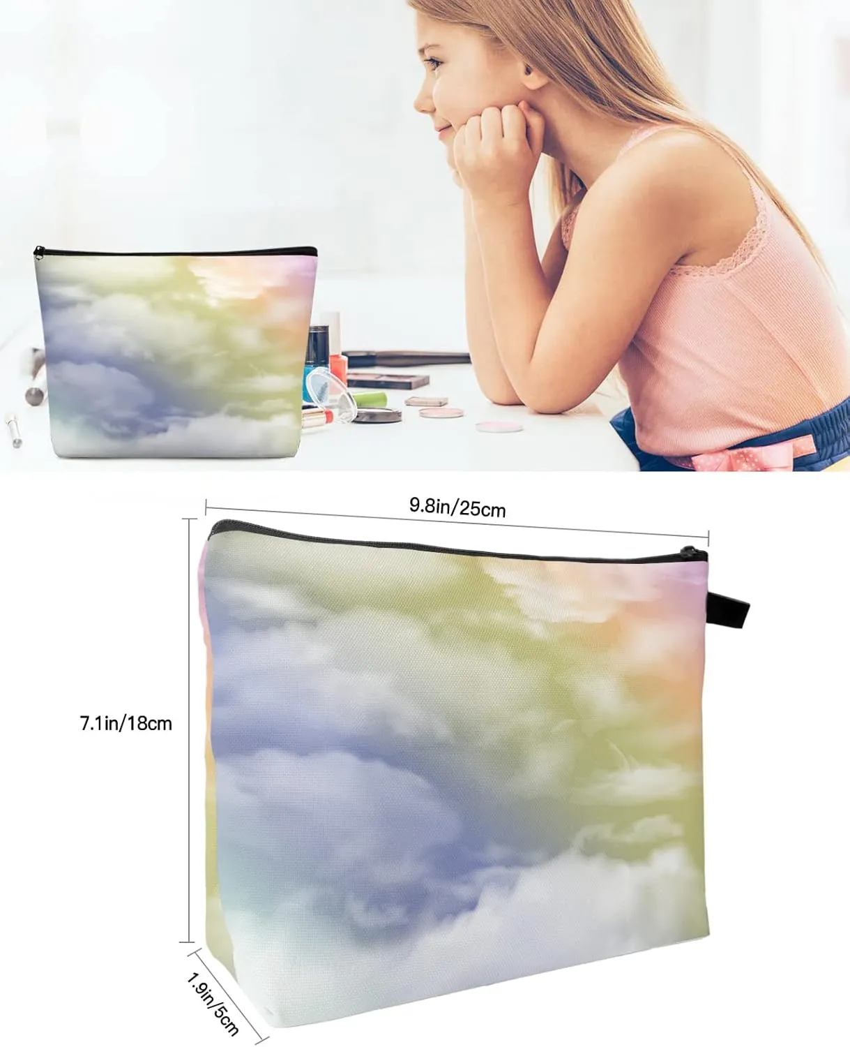 Rainbow Cloud Cosmetic Bags for Women, Blue Green Pink Abstract Art Small Makeup Bag for Purse, Waterproof Travel Toiletry Bag Accessories Organizer, 1PCS