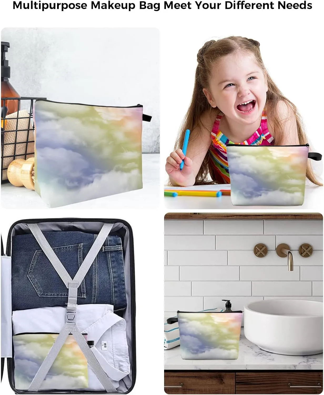 Rainbow Cloud Cosmetic Bags for Women, Blue Green Pink Abstract Art Small Makeup Bag for Purse, Waterproof Travel Toiletry Bag Accessories Organizer, 1PCS