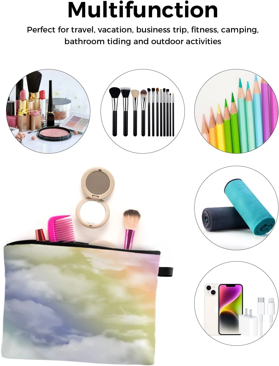 Rainbow Cloud Cosmetic Bags for Women, Blue Green Pink Abstract Art Small Makeup Bag for Purse, Waterproof Travel Toiletry Bag Accessories Organizer, 1PCS