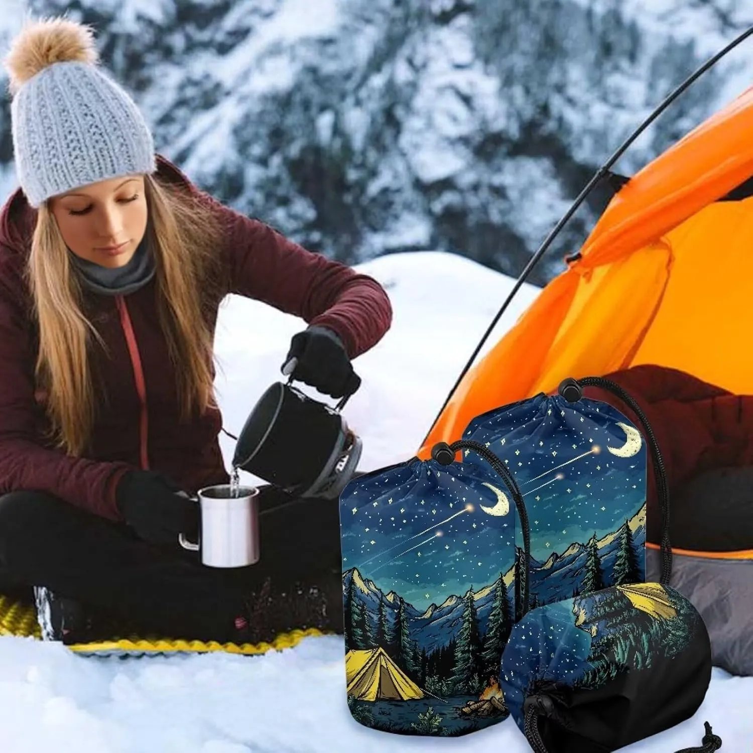 Rainforest Pattern Stuff Bag Waterproof Sleeping Bag Stuff Sack Ultralight Camping Storage Bag with Dust Flap for Outdoor Products Foldable Set of 3