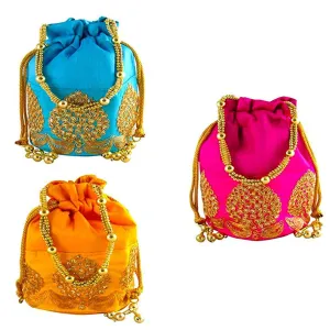 Rajasthani Potli Bag For Wedding Satchel Bag For Women And Girls Combo Of 3 Potli Bag Blue Pink Yellow