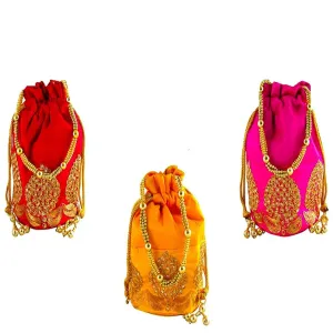 Rajasthani Potli Bag For Wedding Satchel Bag For Women And Girls Combo Of 3 Potli Bag Red Yellow Pink