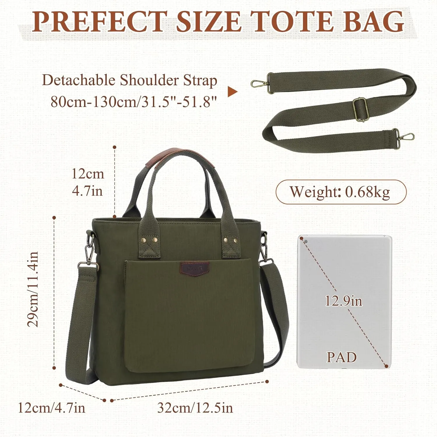 RAVUO Tote Bag for Women, Canvas Crossbody Shoulder Bag Multi-Pocket Handbag with Compartments for Work Travel