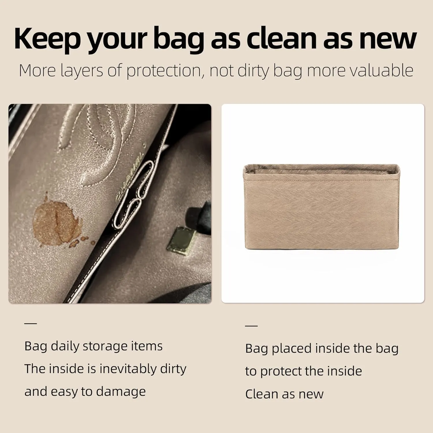 Rayon Purse Organizer Insert, unique pattern Bag organizer, bag in bag for luxury bags, fit Chanel 22bag(22bag Medium, Grey Tea)