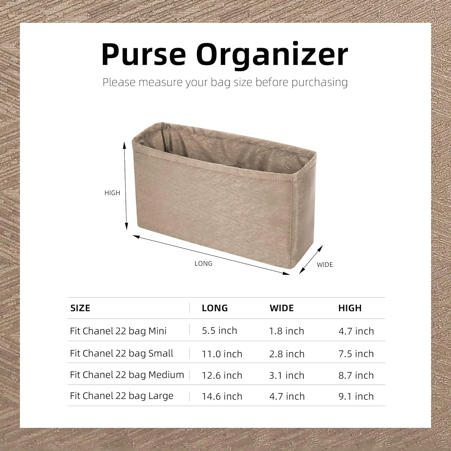 Rayon Purse Organizer Insert, unique pattern Bag organizer, bag in bag for luxury bags, fit Chanel 22bag(22bag Medium, Grey Tea)